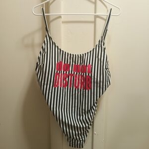 Black and White Striped One Piece Swimsuit Do Not Disturb